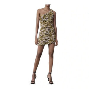 Zara Floral One Shoulder Ruched‎ Mini Dress Black Yellow Women Size Medium NWT